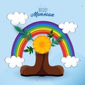 Hello Monsoon Poster Design with Flower Plant Inside Boots, Rainbow Clouds on Pastel Blue