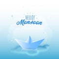 Hello Monsoon Poster Design with Paper Boat Sailing on Water