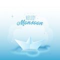 Hello Monsoon Poster Design With Realistic Paper Boat On Water