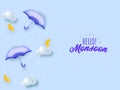 Hello Monsoon Text with 3D Clouds, Umbrellas, Lightning Bolts and Water Drops on Pastel Blue