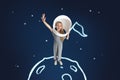 Creative art cocollage of little girl standing on drawn planet isolated over dark blue background with white space