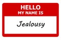 hello my name is jealousy tag on white
