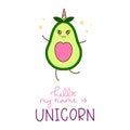 Hello my name is unicorn cute card with avocado unicorn. Avocorn inspirational greeting card. Kawaii food vector illustration Royalty Free Stock Photo