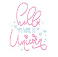 Hello my name is unicorn poster Hand drawn inspirational quote with hearts and stars.