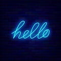 Hello neon lettering. Shiny simple calligraphy. Welcome signboard. Glowing effect banner. Vector stock illustration