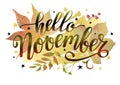 Hello November banner with lettering and autumn leaves. Word for typography, postcard, calendar, monthly organizer. Royalty Free Stock Photo