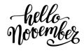 Hello November handwritten black lettering. Lettering autumn month. Word for typography, postcard, calendar, monthly
