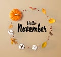 Hello November message with autumn leaves and orange pumpkin