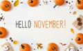 Hello November message with autumn pumpkins with present boxes Royalty Free Stock Photo