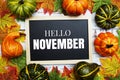 Hello November text on blackboard decorate with maple leaves and pumpkin on wooden background