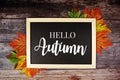 Hello November text on blackboard decorated with maple leaves on wooden background