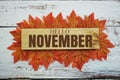 Hello November text on wooden planks decorated with maple leaves on wooden background