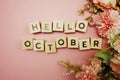 Hello October alphabet letter with space copy on pink background