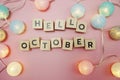 Hello October alphabet letter with space copy on pink background