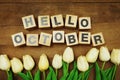 Hello October alphabet letters on wooden background