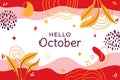 Hello October Floral Abstract Typography Social media post vector Illustration. Memphis pattern design horizontal background. Royalty Free Stock Photo