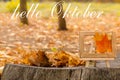 Hello October greeting card. Autumn maple leaves.