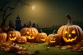 Hello October! Halloween pumpkins, jack o lanterns on vibrant orange background