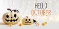 Hello October with halloween pumpkins with spider