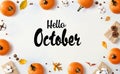 Hello October message with autumn pumpkins with present boxes Royalty Free Stock Photo