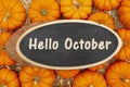 Hello October message on a wood chalkboard sign on pumpkins