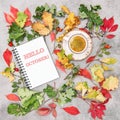 Hello October Paper coffee Autumn flat lay