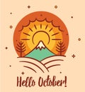 Hello october seasonal postcard with landscape elements