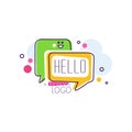 Hello original logo, bright badge with Hello word and speech bubbles vector Illustrations on a white background