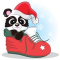 Hello Panda Inside Boots Cartoon Character. Vector Illustration. Gift card and postcard