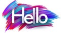 Hello paper word sign with colorful spectrum paint brush strokes over white