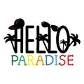 Hello Paradise- text, with hand drawn palm trees, sunglasses and cap. Royalty Free Stock Photo