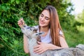 Hello pets. woman vet feeding goat. farm and farming concept. Animals are our friends. happy girl love goat. village Royalty Free Stock Photo