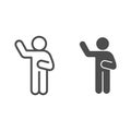 Hello pose line and solid icon. Man with raised hand and lowered hand to right outline style pictogram on white