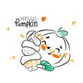 Hello pumpkin, handwritten quotes, cute illustration with funny pumpkin with mushrooms and acorns