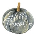 Hello Pumpkin sign over watercolor pumpkin