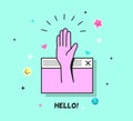 Hello retro poster. Vintage computer web window with hand in greeting gesture. Digital 80s 90s style design, vector