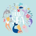 Hello sea, design of t-shirt. Fish algae and sea animals