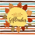 Hello september autumn flyer template with lettering. Bright fall leaves. Poster, card, label, banner design. Vector illustration Royalty Free Stock Photo