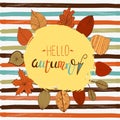 Hellor autumn flyer template with lettering. Bright fall leaves. Poster, card, label, banner design. Vector illustration