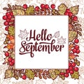 Hello September. Autumn leaf ornamental frame. Royalty Free Stock Photo