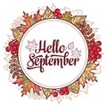 Hello September. Autumn leaf ornamental frame. Royalty Free Stock Photo