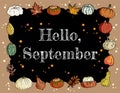 Hello September chalkboard inscription cute cozy banner with pumpkins and leaves. Autumn festive poster. Fall harvest greetings