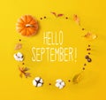 Hello September message with autumn leaves and orange pumpkin Royalty Free Stock Photo