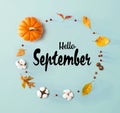 Hello September message with autumn leaves and orange pumpkin Royalty Free Stock Photo