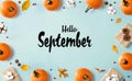 Hello September message with autumn pumpkins with present boxes Royalty Free Stock Photo