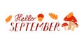 Hello September. SEPTEMBER month vector with mushroom, ancor and leaves