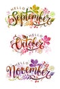 Hello September, October, November. Handwritten lettering with autumn leaves. Word for typography, postcard, calendar Royalty Free Stock Photo