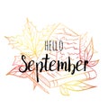 Hello September poster with leaves, book, paper and pencil. Motivational print for calendar, glider, invitation cards