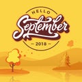 Hello September round badge with autumn landscape. Flat style. Vector typography. Brush lettering for banner, poster Royalty Free Stock Photo