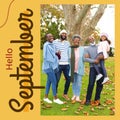 Hello september text in brown on yellow over happy three generation african american family in park Royalty Free Stock Photo